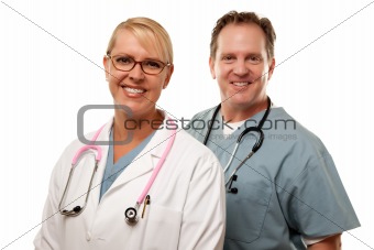 Friendly Male and Female Doctors Isolated on a White Background.