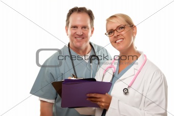 Male and Female Doctors Looking Over Files Isolated on a White Background.