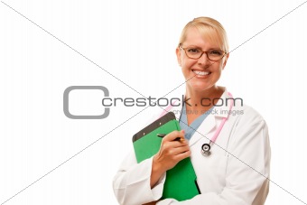 Friendly Female Blonde Doctor Isolated on a White Background.