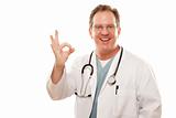 Male Doctor Giving the Okay Sign with His Hand Isolated on a White Background.