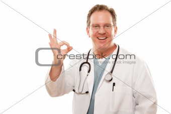 Male Doctor Giving the Okay Sign with His Hand Isolated on a White Background.