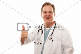 Male Doctor Giving the Thumbs Up Sign with His Hand Isolated on a White Background.