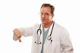 Male Doctor Giving the Thumbs Down Sign with His Hand Isolated on a White Background.