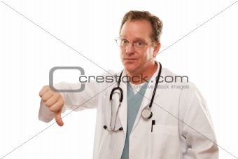 Male Doctor Giving the Thumbs Down Sign with His Hand Isolated on a White Background.