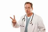 Male Doctor with Two Fingers Up Isolated on a White Background.