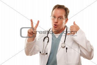 Male Doctor Expressing Take Two and Call Me Isolated on a White Background.