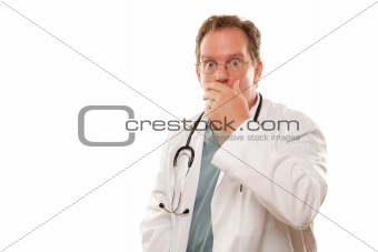 Male Doctor with Concerned Look and Hand Over Mouth Isolated on a White Background.