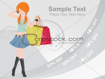 cute shopping girl in short dress on discount sale upto 50%, vector banner