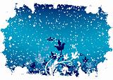 Abstract grunge winter background with flakes and flowers in blu