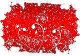 Abstract grunge winter background with flakes and flowers in red