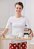 Attractive Brunette Female With Coffee on a Tray