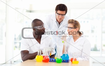 Scientists discussing in a laboratory