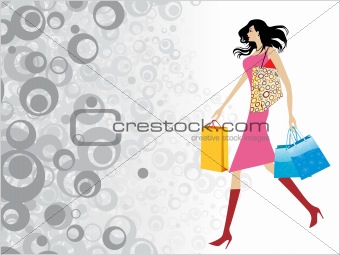 illustration, mordern girl with shopping bags