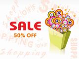 sale 50% with shopping bag, vector