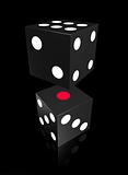 Two black gamble dice with black background