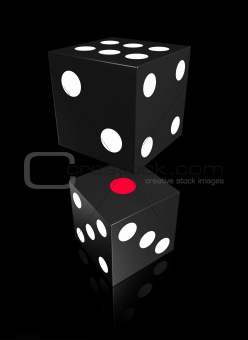 Two black gamble dice with black background