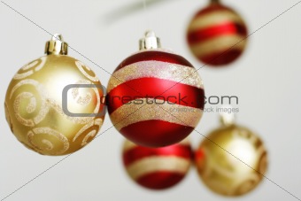 Hanging decorative Christmas baubles.