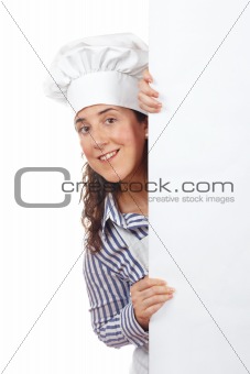 Smiling curious cook woman