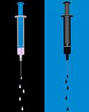 Illustration of two filled and dropping injections on blue and black background