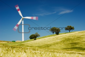 Moving wind turbine in golden field
