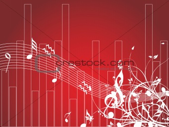musical waves and floral elements isolated on red, wallpaper