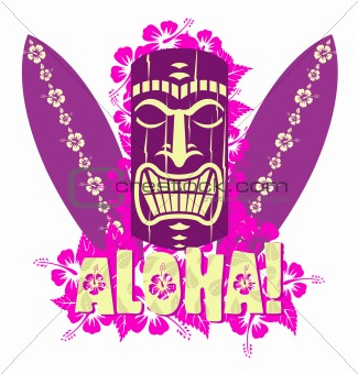 Vector illustration of tiki mask with surf boards 