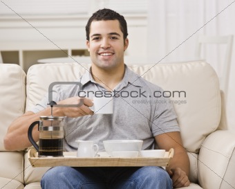 Man with Breakfast Tray and Coffee