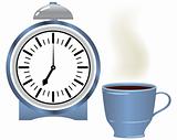 Alarm clock and coffee mug.