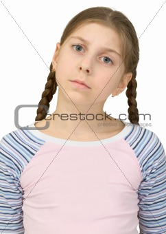 Little girl in a T-shirt on a white background