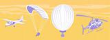 Airplane,hot air balloon,helicopter and parachute