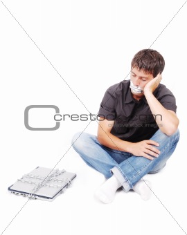 Man with isolated mouth and chained laptop