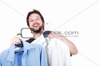 Widely smiled man with blue and white shirts