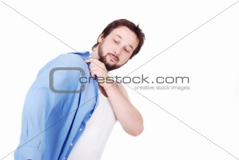 White man wearing blue shirt