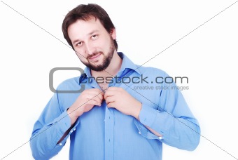 White man with beard wearing blue shirt