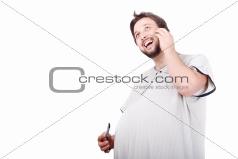 Young man with big stomach speaking on phone
