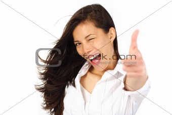 Excited woman blinking