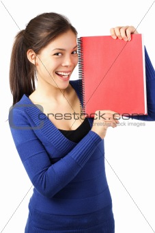 Student with blank notebook / sign
