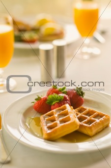 Waffle Breakfast With Orange Juice Closeup