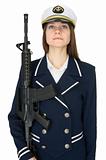 Girl in a sea uniform with a rifle