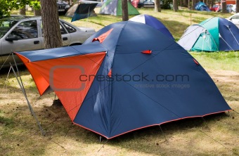 Blue tent with red entrance