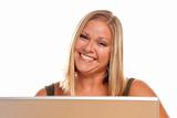 Smiling Beautiful Blonde Woman Using A Laptop.