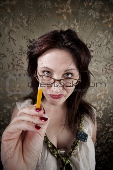 Curious woman pointing with pencil
