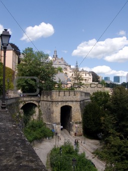 travel to Europe, Luxemburg, ancients wall and modern buildings