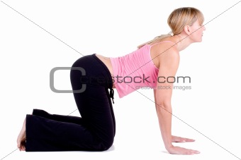 Woman doing yoga on white background