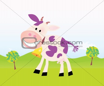 Farm scene with cow. Vector cartoon.