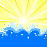 Vector illustration of summer background with sun rays, waves and water drops.