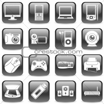 Set of 16 black computer and media icons.