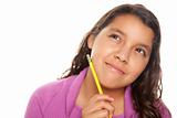 Pretty Hispanic Girl Thinking with Pencil Isolated on a White Background.