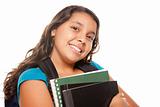 Pretty Hispanic Girl with Books and Backpack Ready for School Isolated on a White Background.