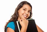 Pretty Hispanic Girl with Books and Backpack Ready for School Isolated on a White Background.